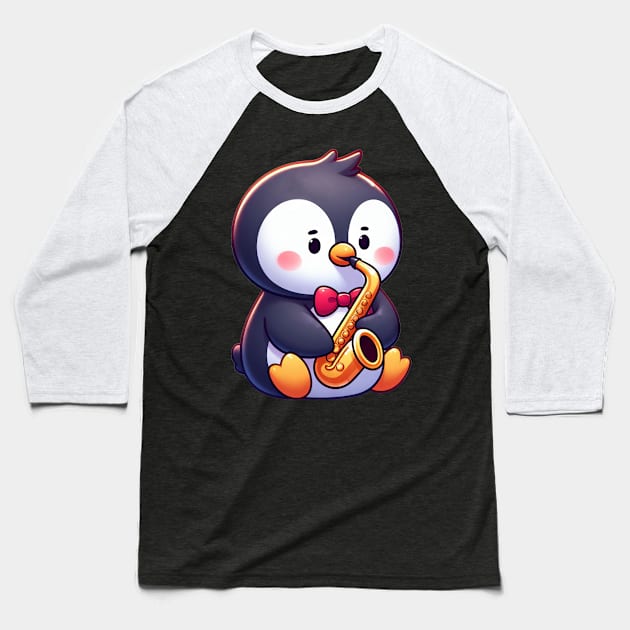 Penguin Saxophonist Jazz Concert Baseball T-Shirt by HBfunshirts